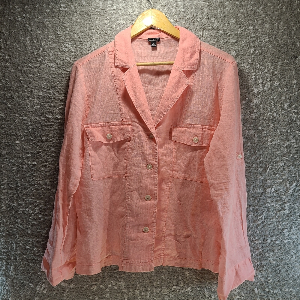 J Crew Linen Blend Shirt Women's‎ Size 6 Pink Roll Tab Sleeve Pockets